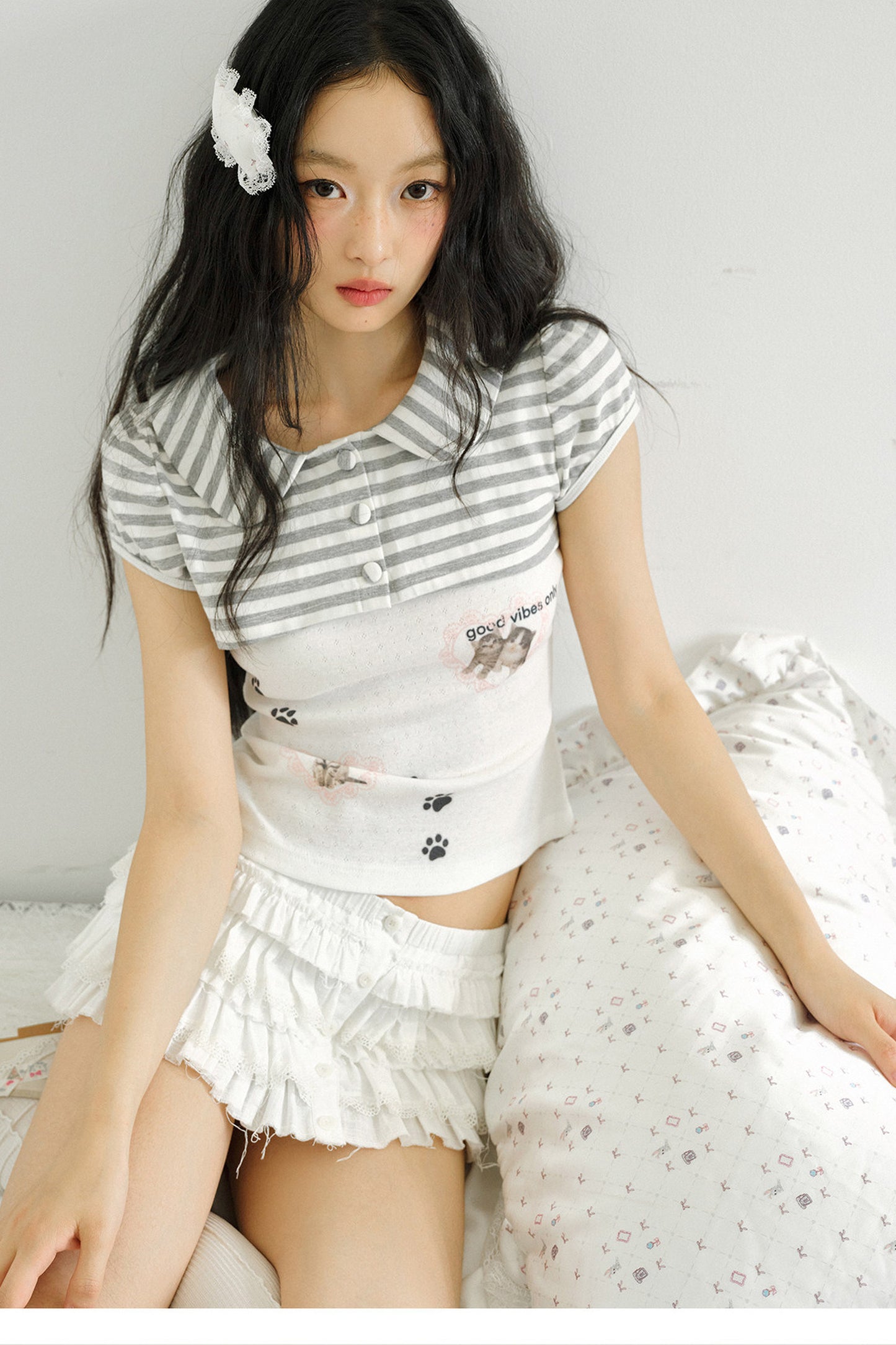 Cat Print Faux Two-Piece Knit Top