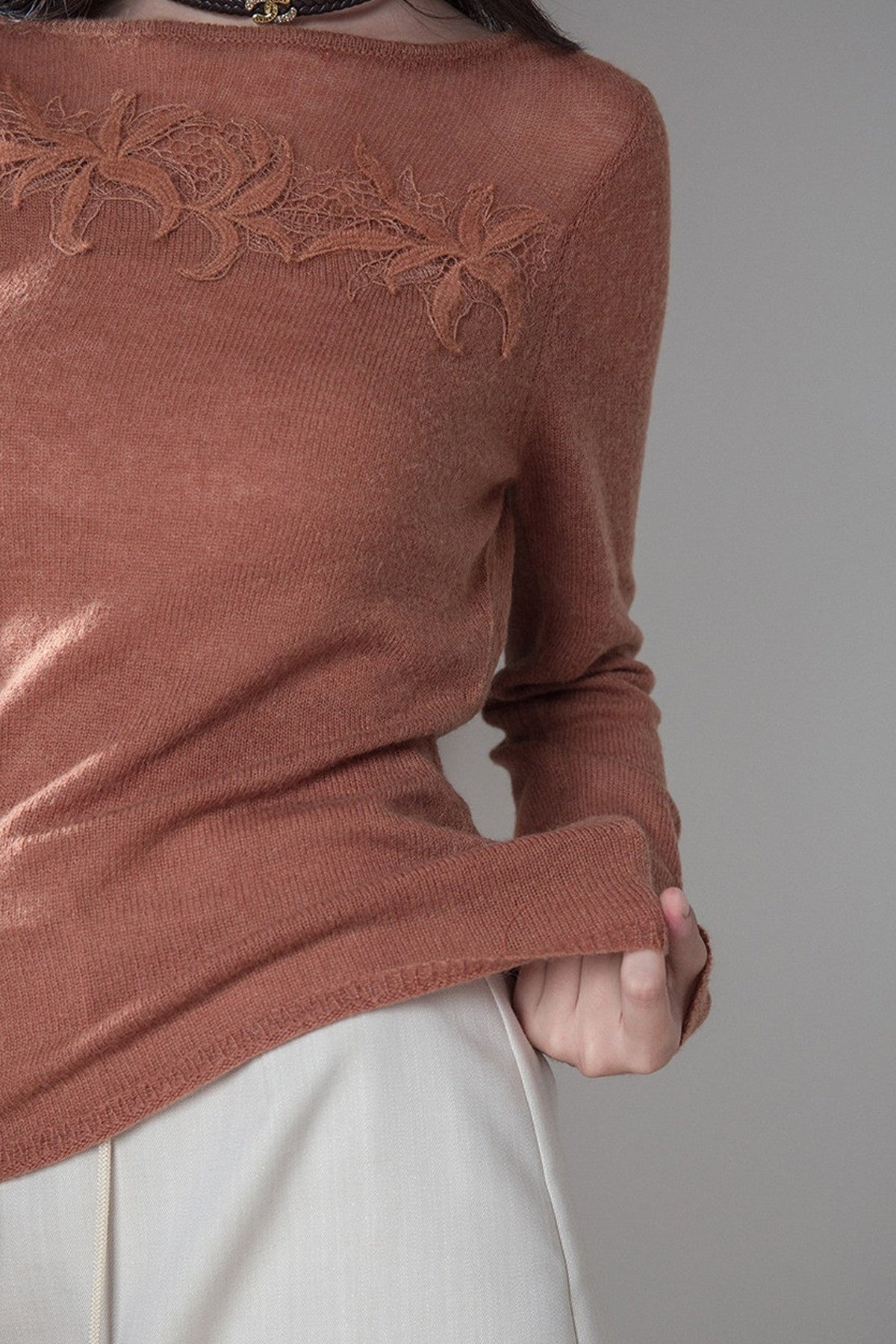 Pumpkin Orange Brown Lace Patchwork Knit Top