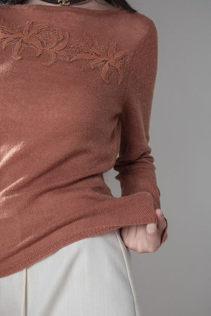 Pumpkin Orange Brown Lace Patchwork Knit Top