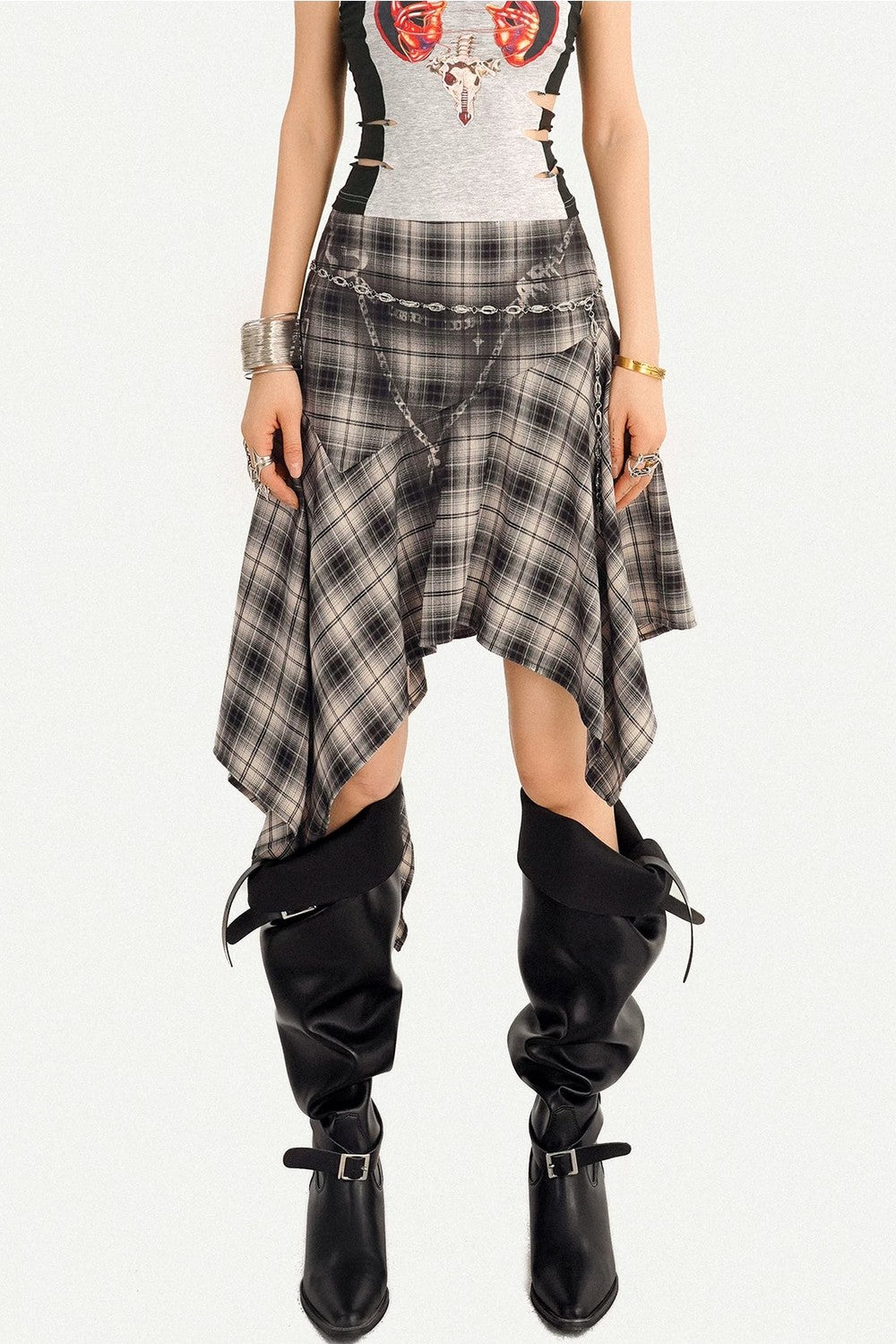 Retro Asymmetrical Plaid Midi Skirt