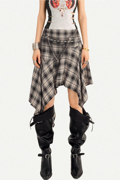 Retro Asymmetrical Plaid Midi Skirt