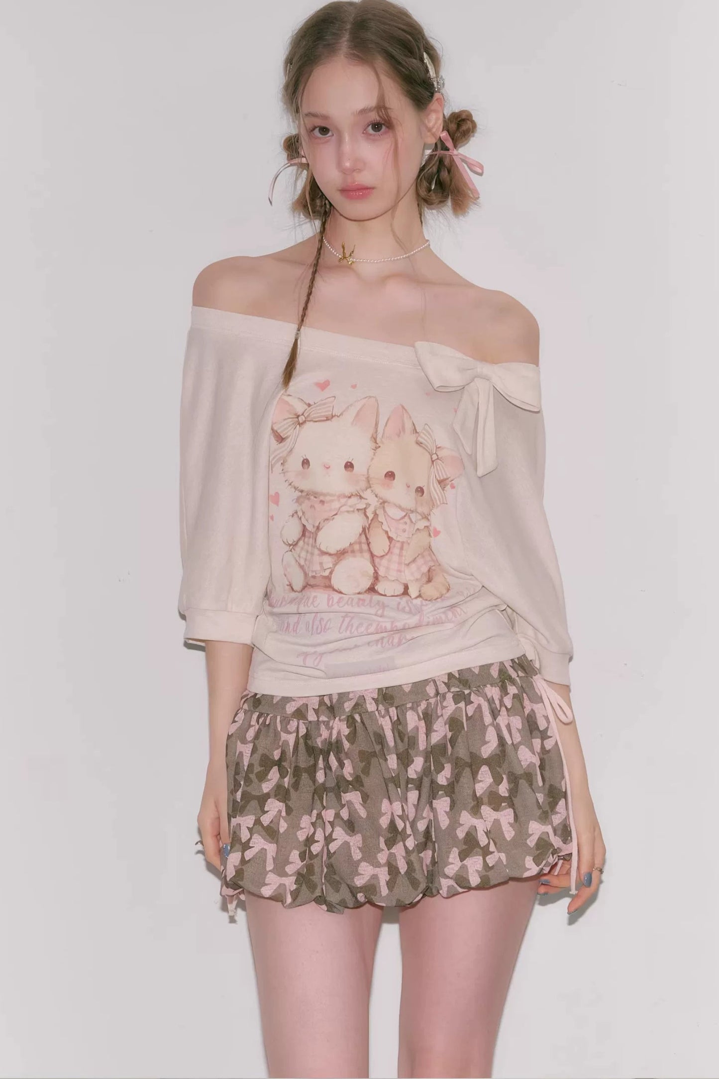 Playful Cat Print Bow Top