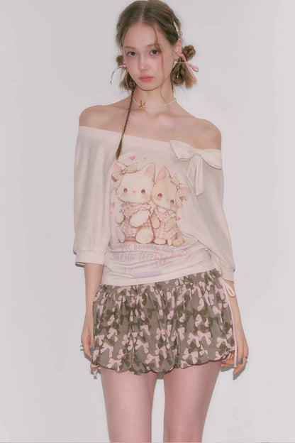 Playful Cat Print Bow Top