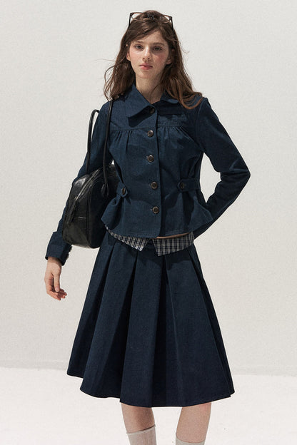 Navy Denim Jacket and Pleated Skirt Set-Up