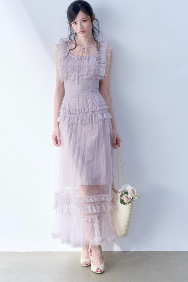 Pleated Lace Flutter Sleeve Dress