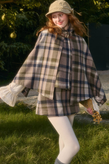 Detachable Plaid Cape Vest And A-Line Skirt Set-Up