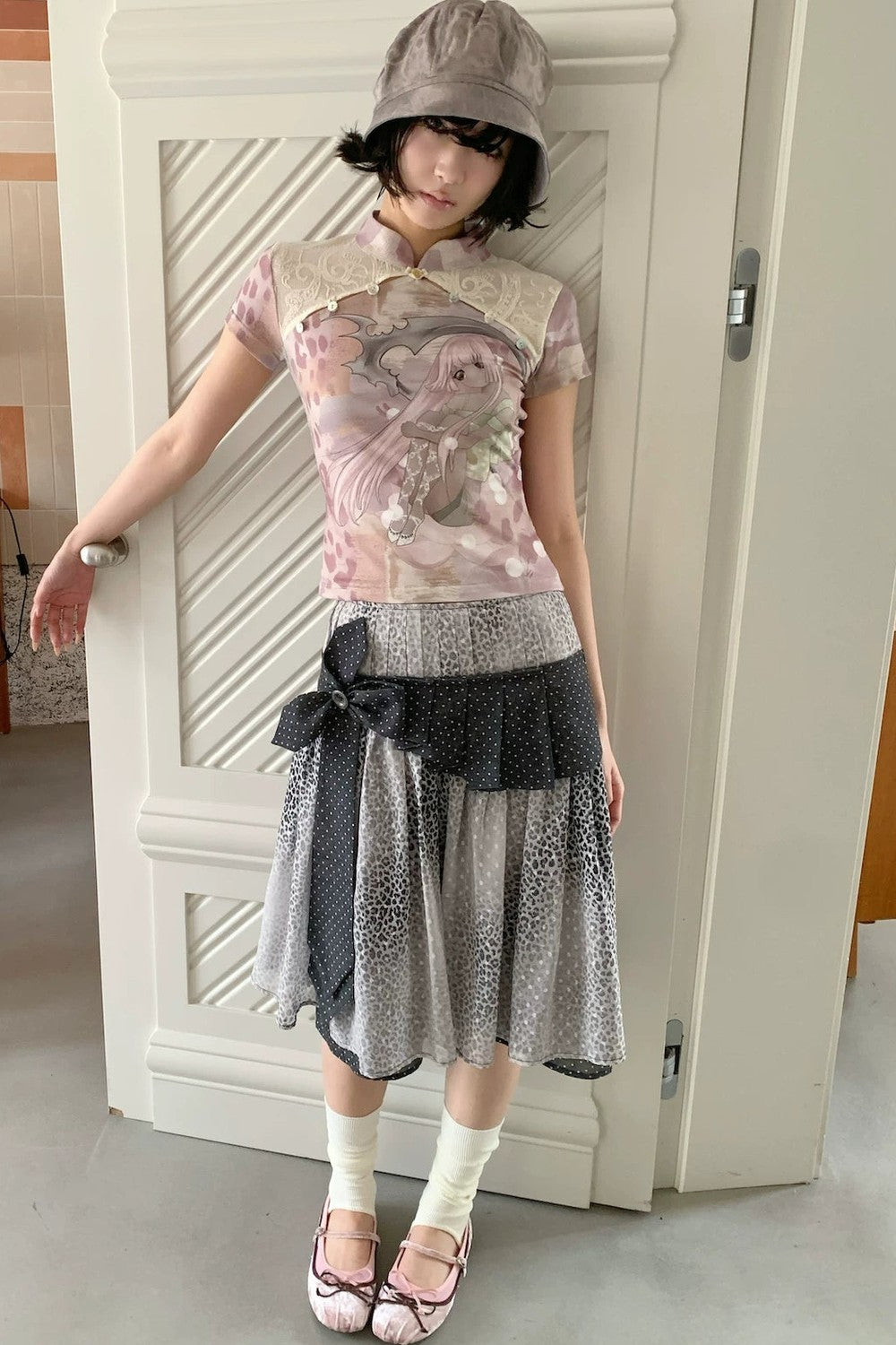 Leopard Floral Tie-Neck Midi Skirt