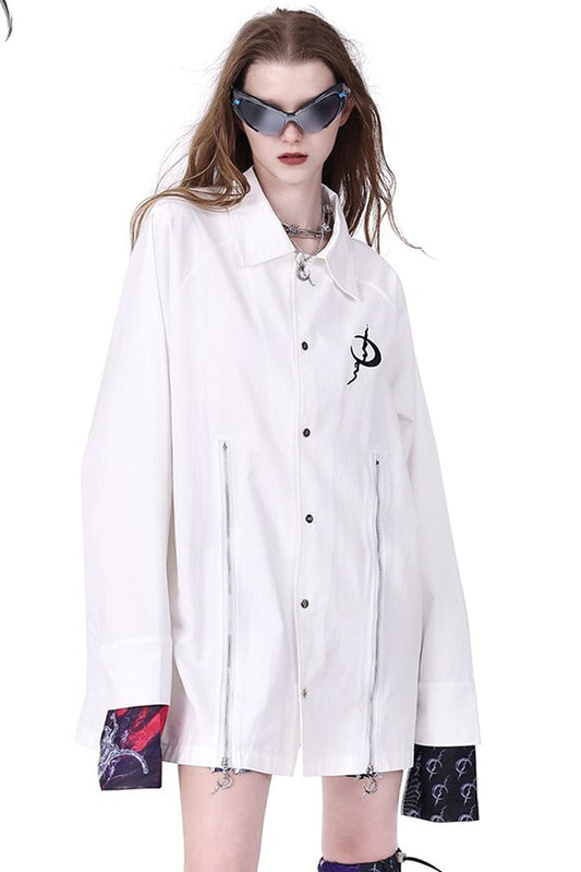 White Patchwork Zipper Slit Windbreaker