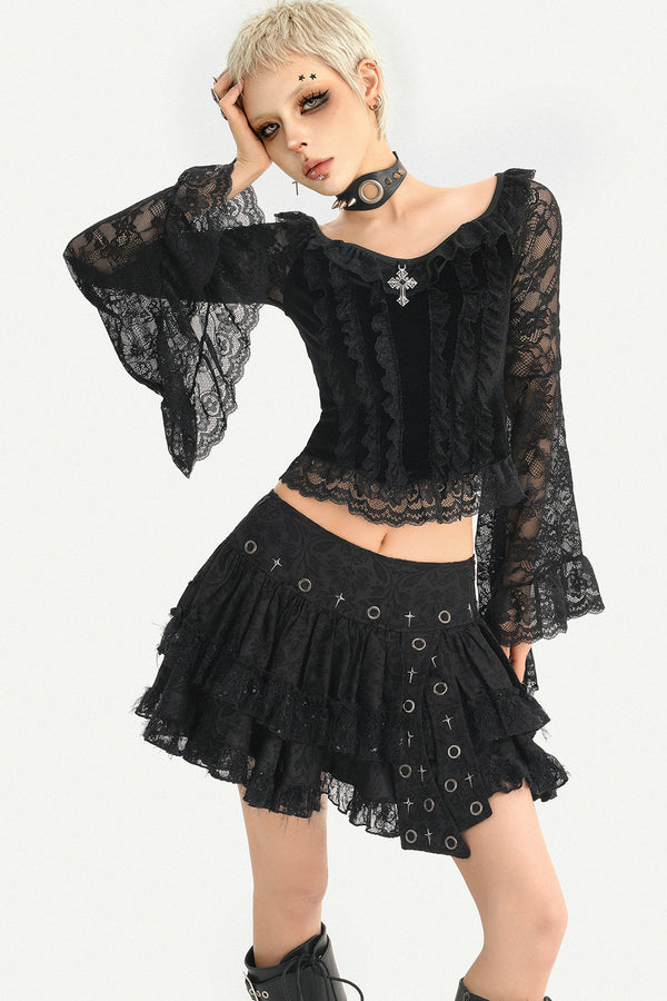 Black Off-Shoulder Lace Bell-Sleeve Top