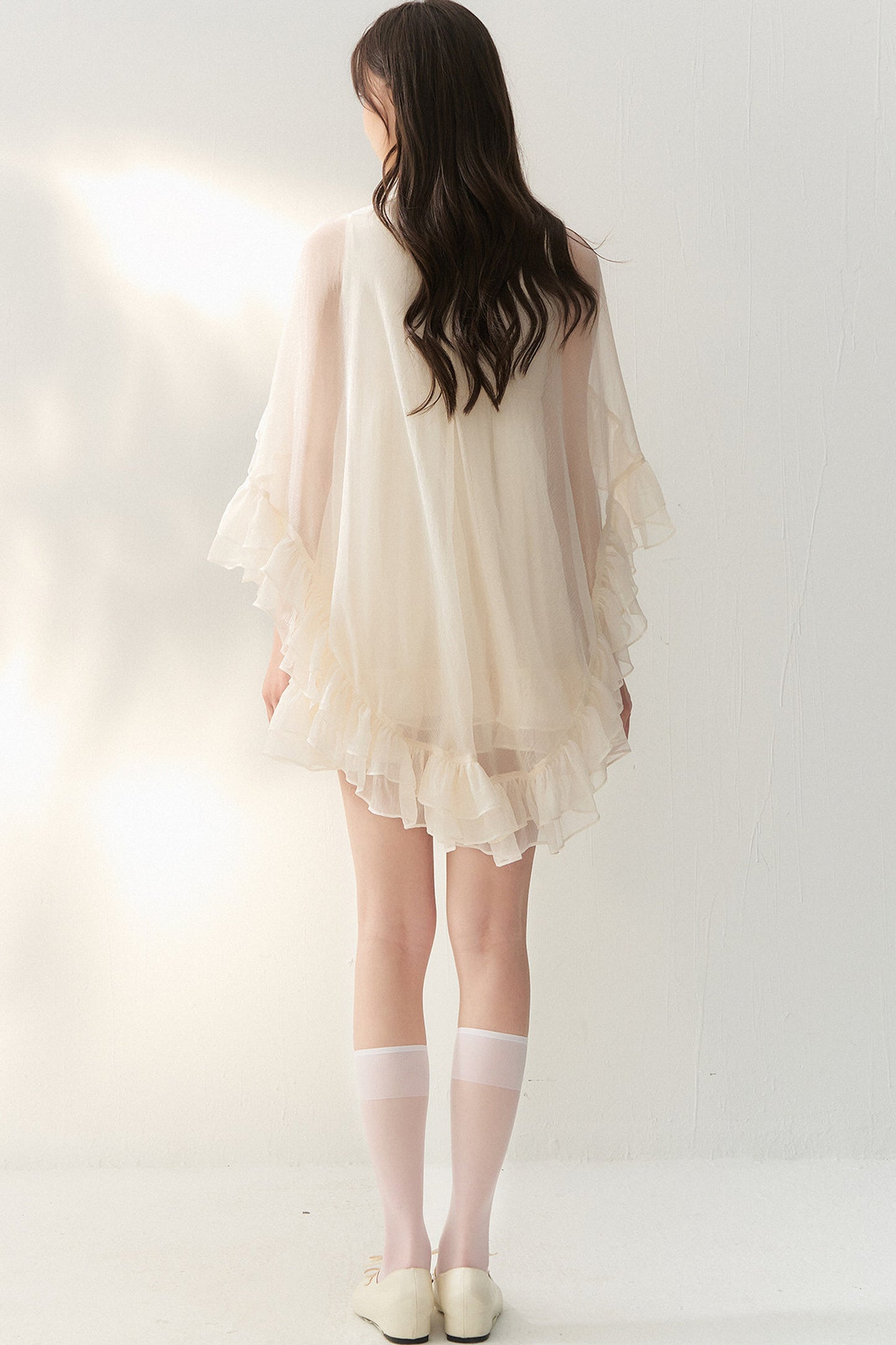 Beige Tulle Cape Ruffle Dress
