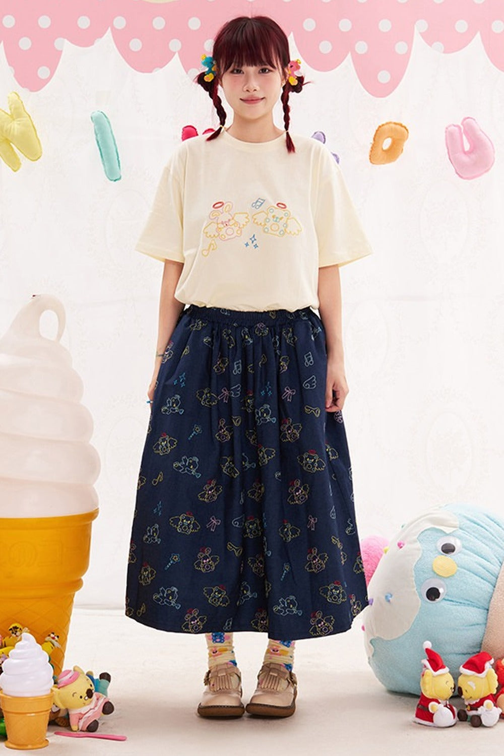 Animal Angel Print Denim Skirt