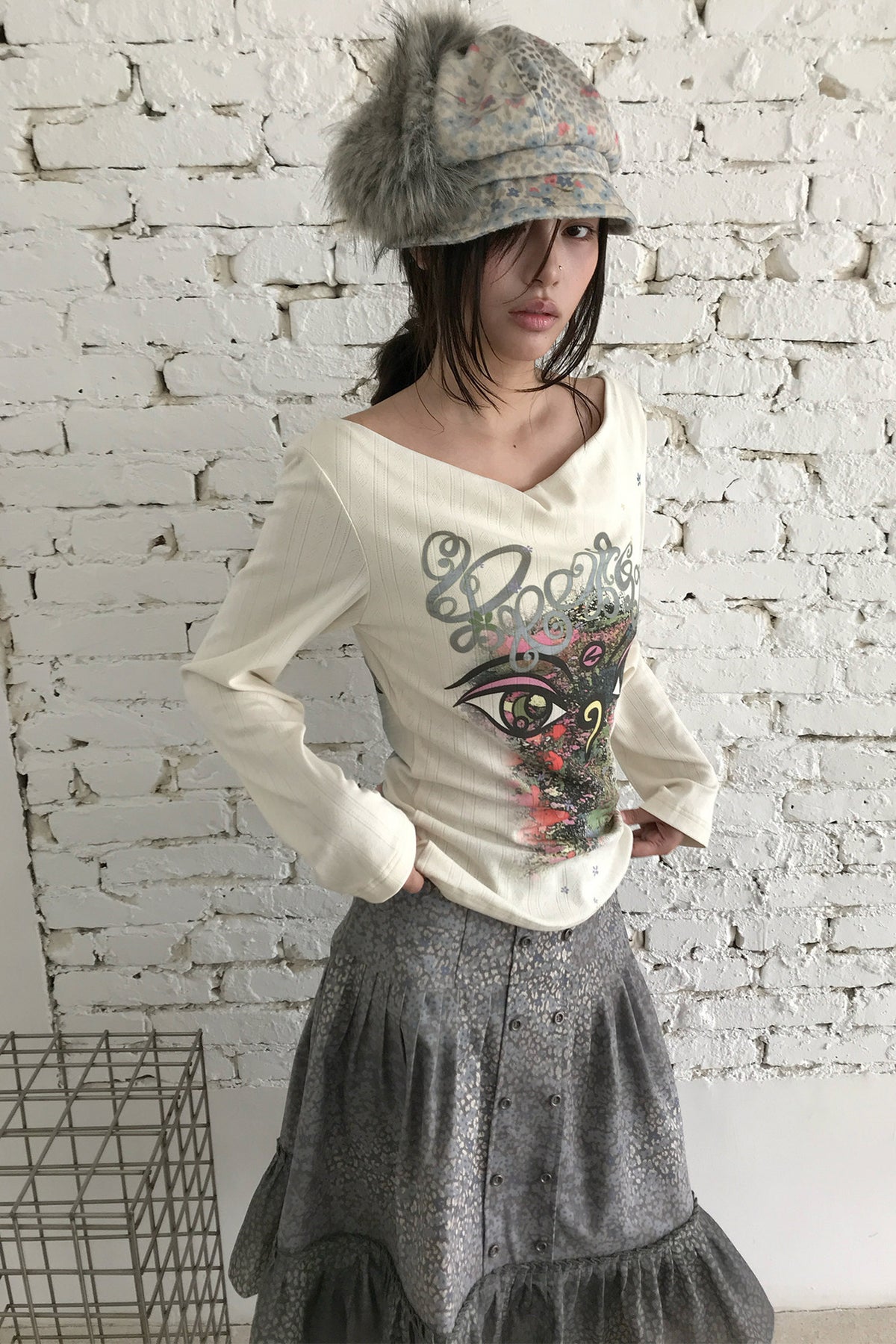 Reversible Swing Collar Long-Sleeve Printed T-Shirt
