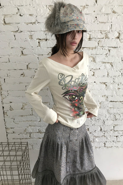 Reversible Swing Collar Long-Sleeve Printed T-Shirt