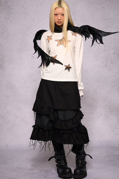 Star Hollow Mesh Embroidery Long-Sleeved Top