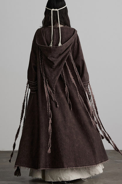 Red-Brown Quilted Embroidered Long Hooded Trench Coat