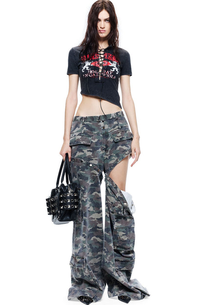 Asymmetrical Cut Grunge Graphic T-Shirt