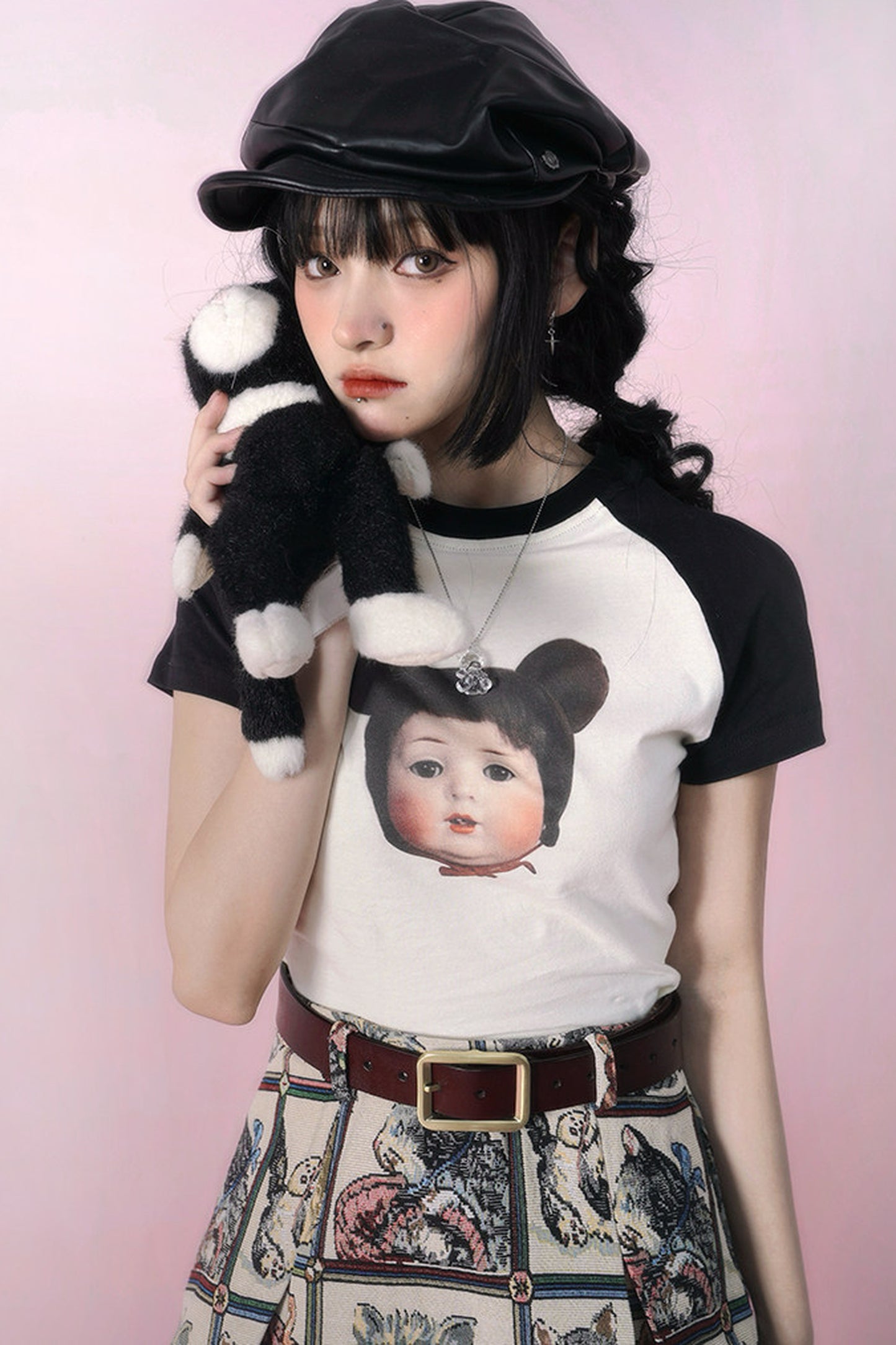 Bear Doll Print Patchwork T-shirt