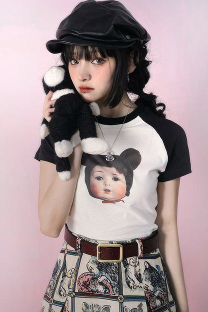 Bear Doll Print Patchwork T-shirt