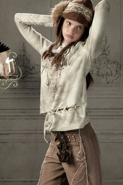 Letter Print Layered-Look Off-Shoulder Long-Sleeve T-shirt
