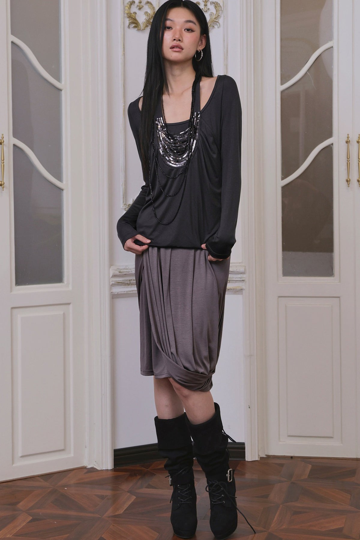 Rhinestone Waistband Asymmetrical Pleated Skirt