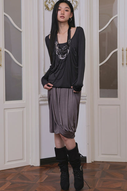 Rhinestone Waistband Asymmetrical Pleated Skirt