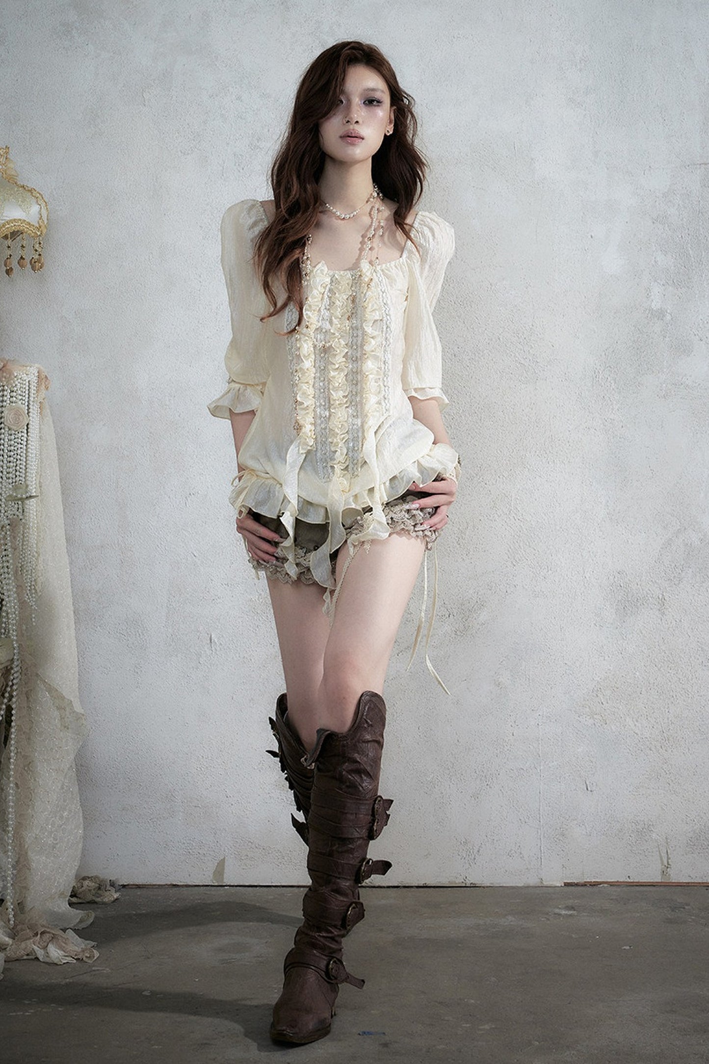 Ruffle Ribbon Puff Sleeve Blouse