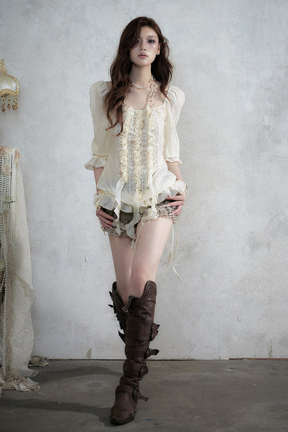 Ruffle Ribbon Puff Sleeve Blouse