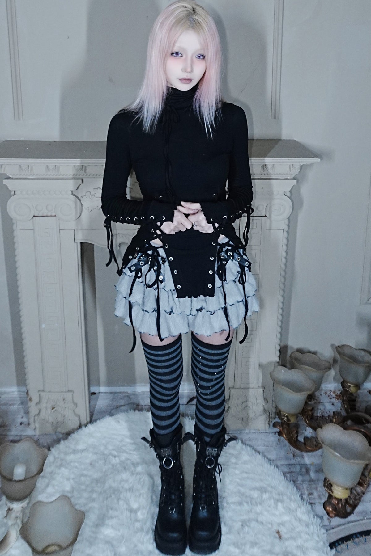 High-Neck Lace-Up Knit Top