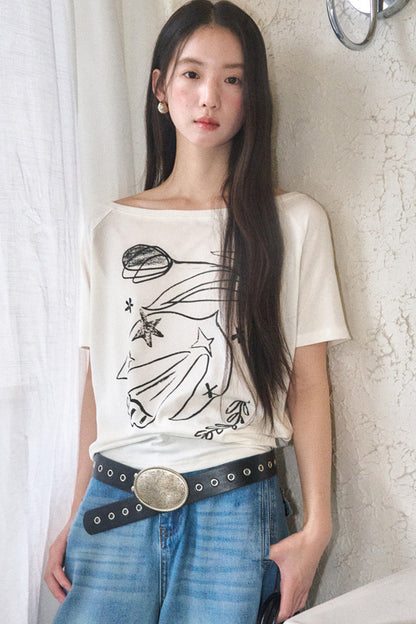 Bird And Tulip Print One-Shoulder Tencel T-Shirt
