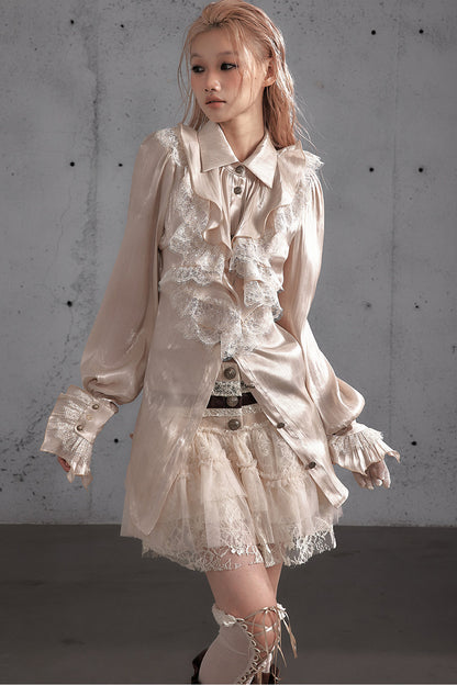 Ruffled Lace Patchwork Satin Blouse