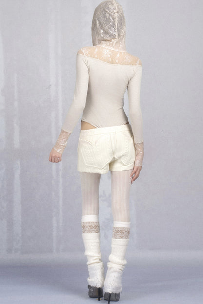 Hooded Lace Knit Patchwork Bodysuit
