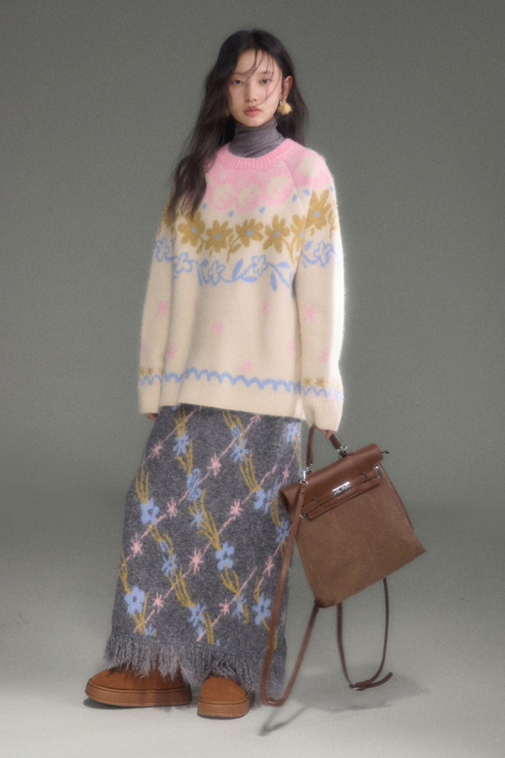 Tulip Floral Jacquard Knit Tassel Skirt