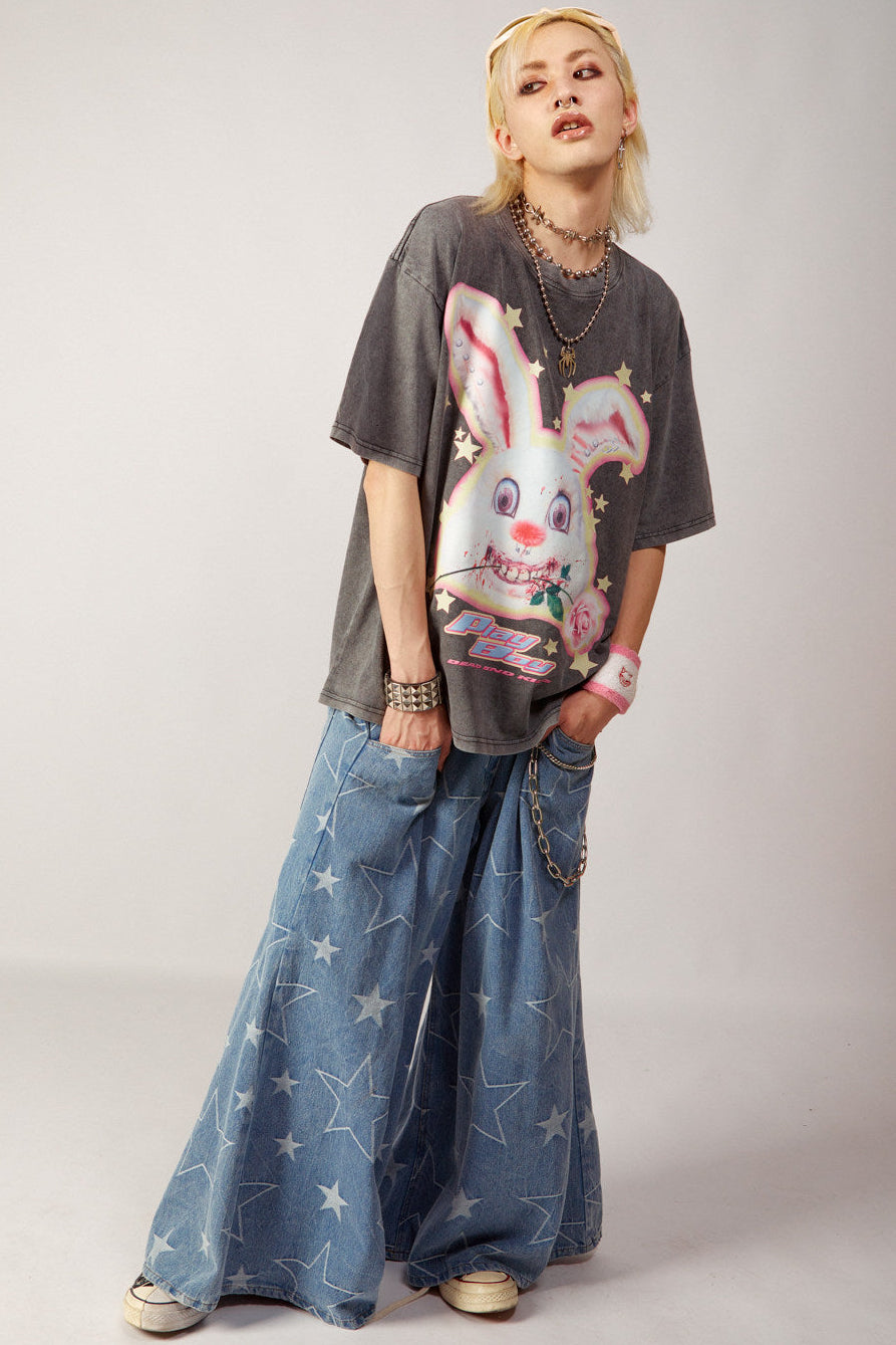 Loose Fit Punk Rock Rabbit Print T-Shirt