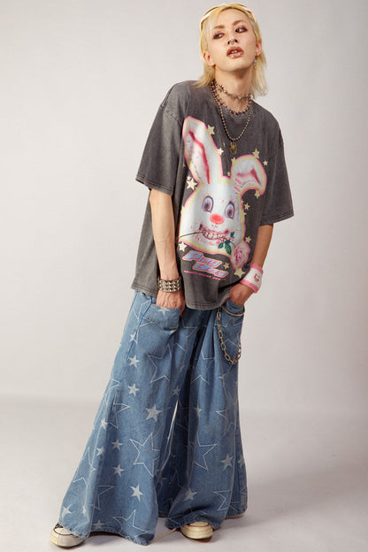 Loose Fit Punk Rock Rabbit Print T-Shirt