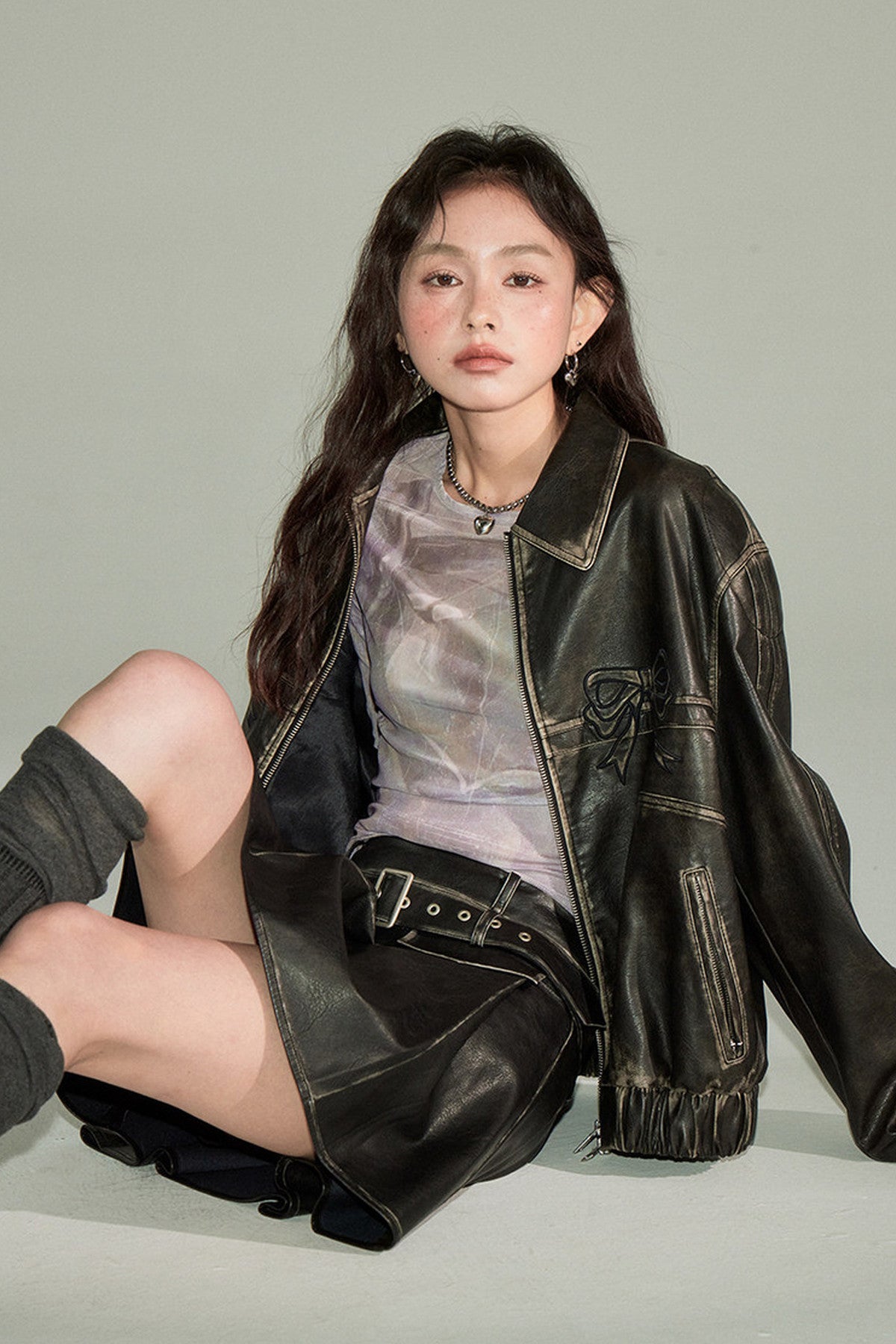 Distressed Bow Leather Jacket