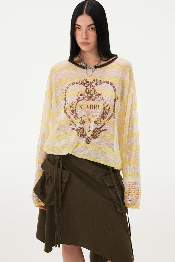 Knotted Heart Striped Knit Blouse