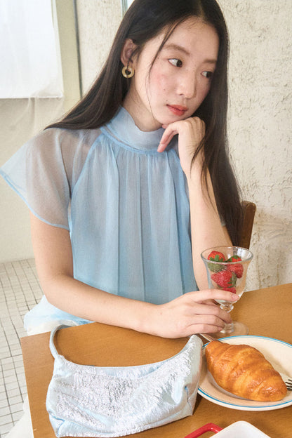 Sheer Blue Lace Ribbon Short Sleeve Top