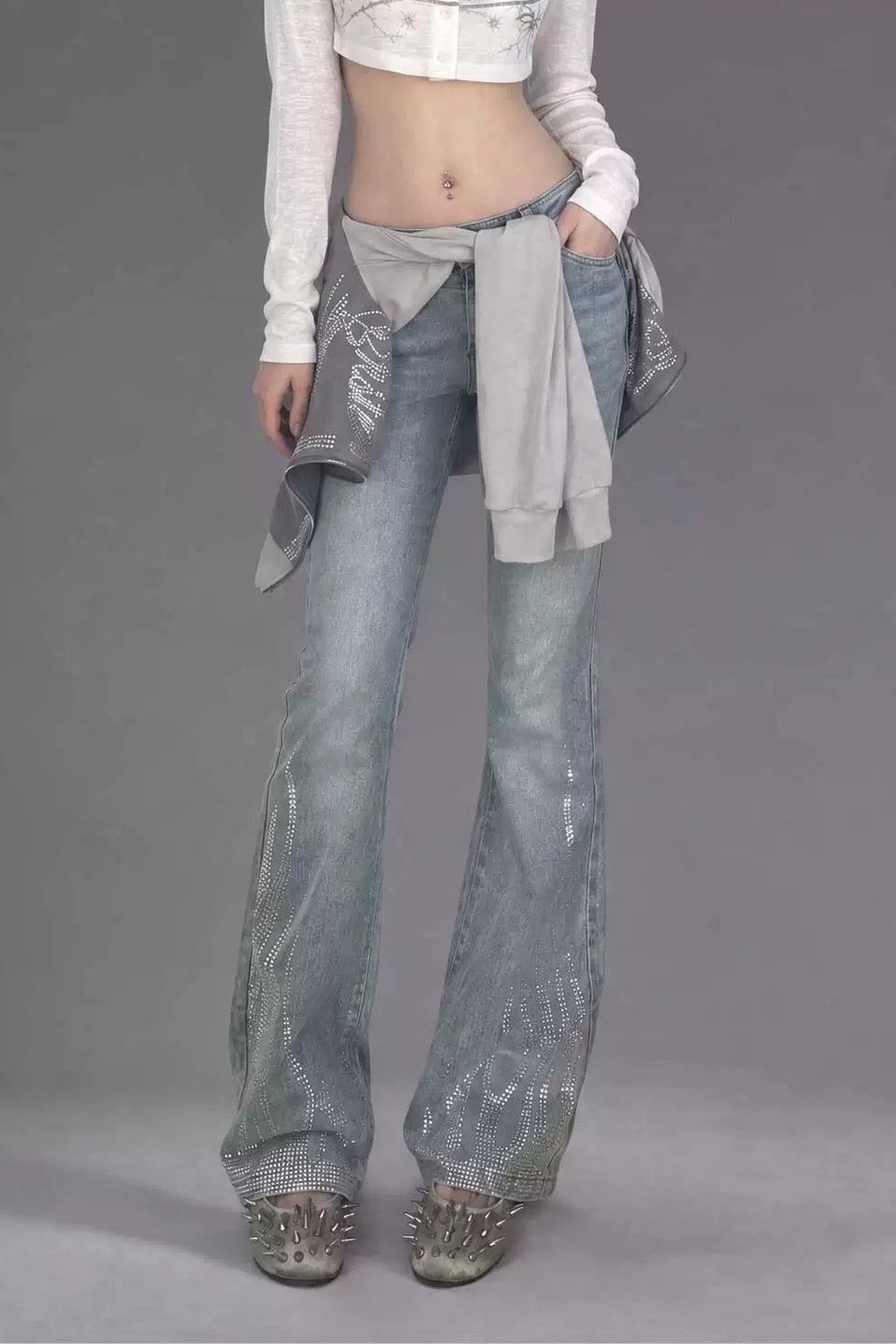 Low-Waisted Rhinestone Flared Jeans