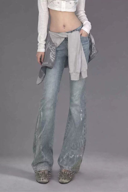 Low-Waisted Rhinestone Flared Jeans