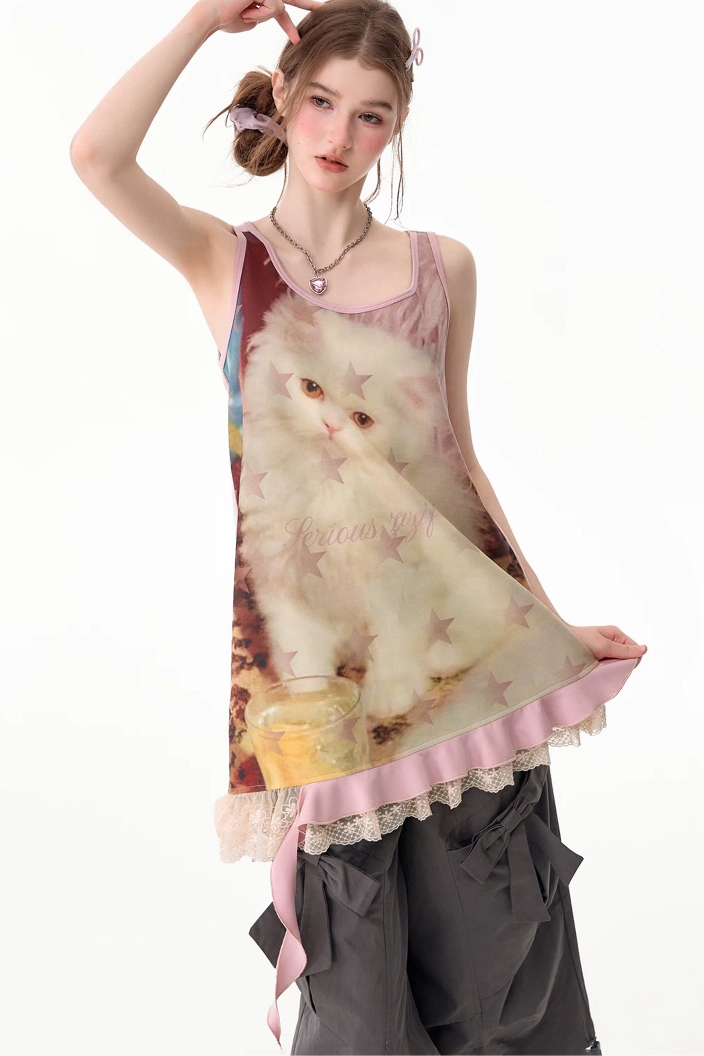 Pink Cat Print Lace Vest Dress