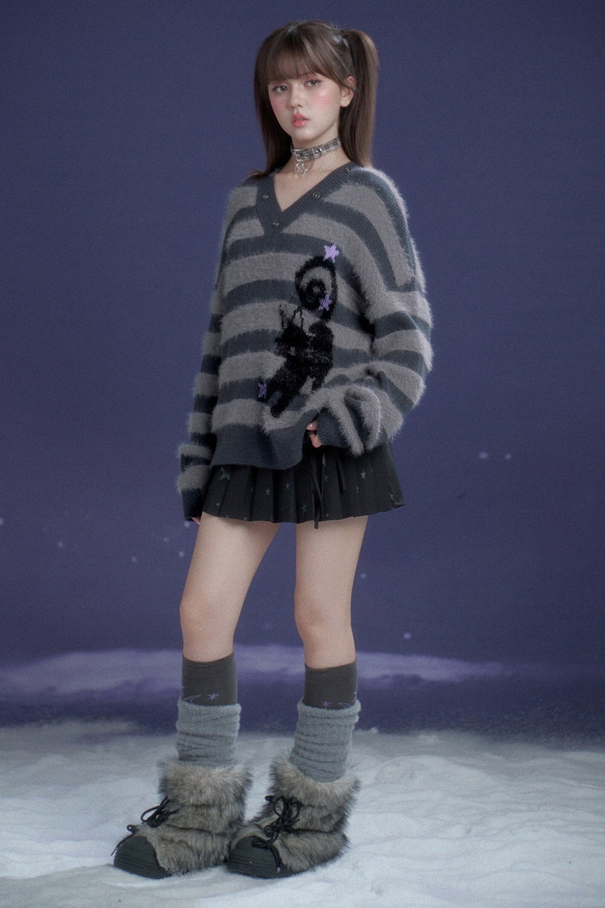 Halloween Meow Black Gray Striped Sweater Set-Up