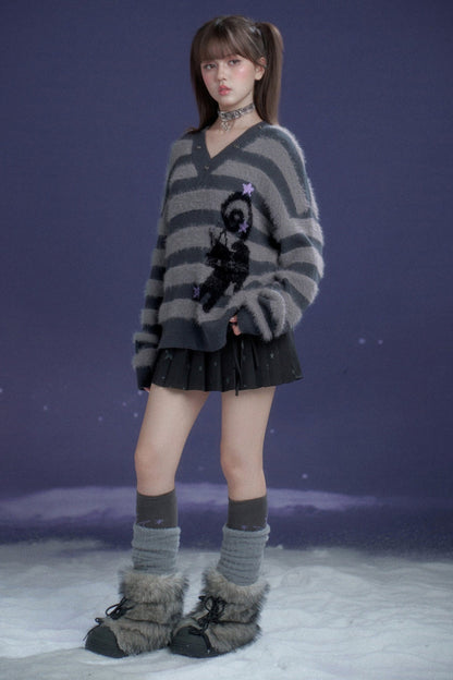 Halloween Meow Black Gray Striped Sweater Set-Up