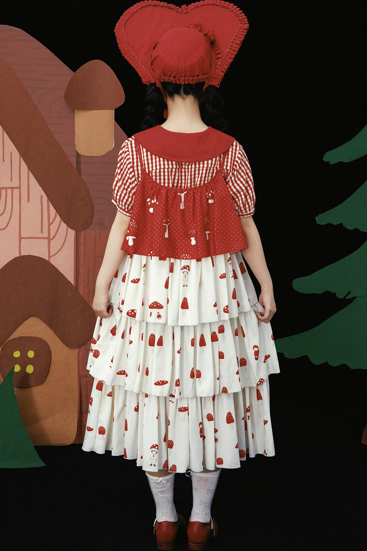 Red Mushroom Print Layered-Look Suspender Dress