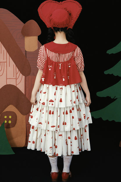 Red Mushroom Print Layered-Look Suspender Dress