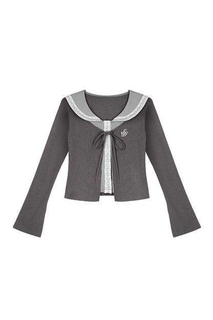 Graues Top mit Spitzen-Matrosenkragen und Rock-Set