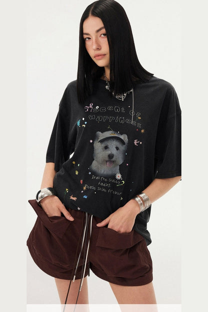 Rhinestone Cartoon Dog Drop Shoulder T-Shirt