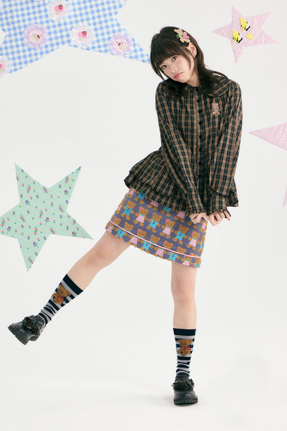 Brown Plaid Doll Collar Cotton Shirt