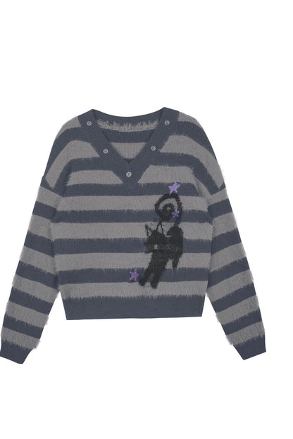 Halloween Meow Black Gray Striped Sweater Set-Up