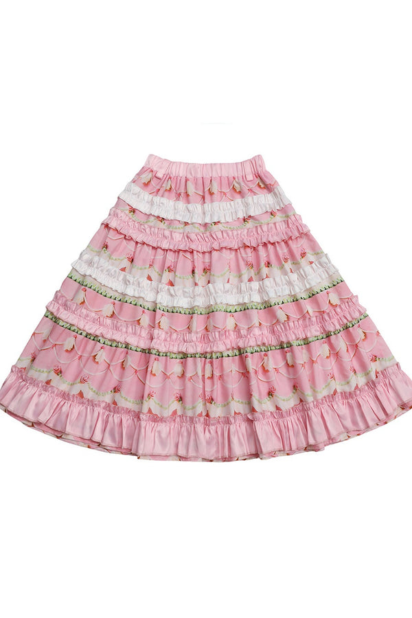 Rose Print Bubble Sleeve Blouse and Cake Skirt Set