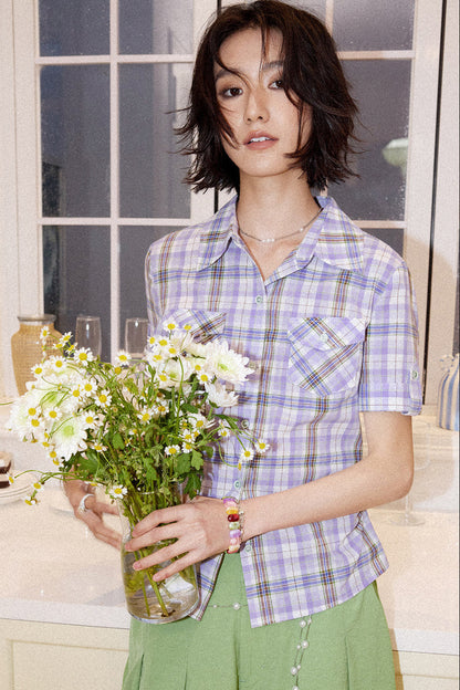 Color-Block Pocket Plaid Blouse